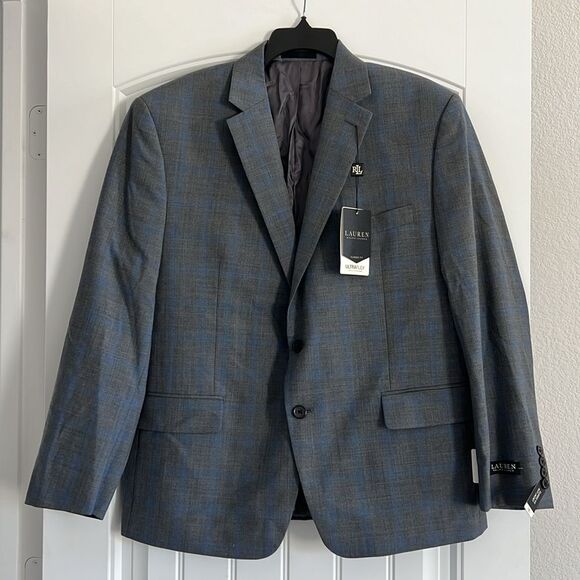 Lauren Ralph Lauren Gray Blue Plaid Classic-Fit Blazer, UltraFlex, NWT, Size 44S - Picture 4 of 8